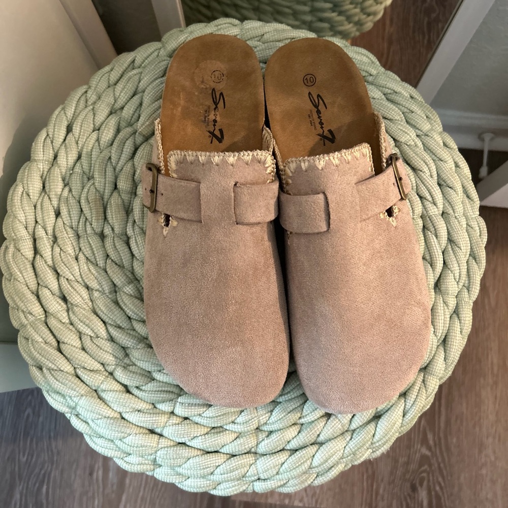 Tan Suede Slip-On Clogs